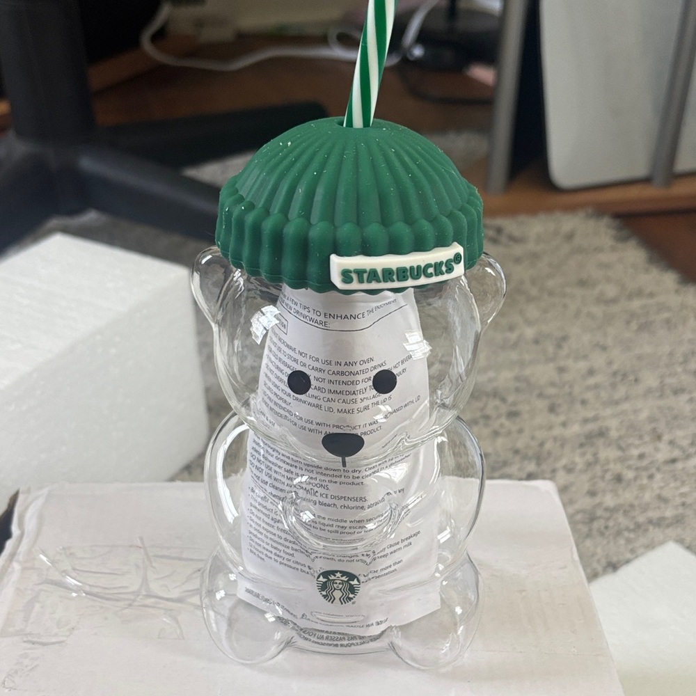 Starbucks Clear Bear Tumbler with Green Lid and Striped Straw